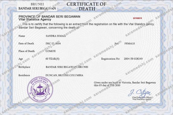 Brunei vital record death certificate PSD template
